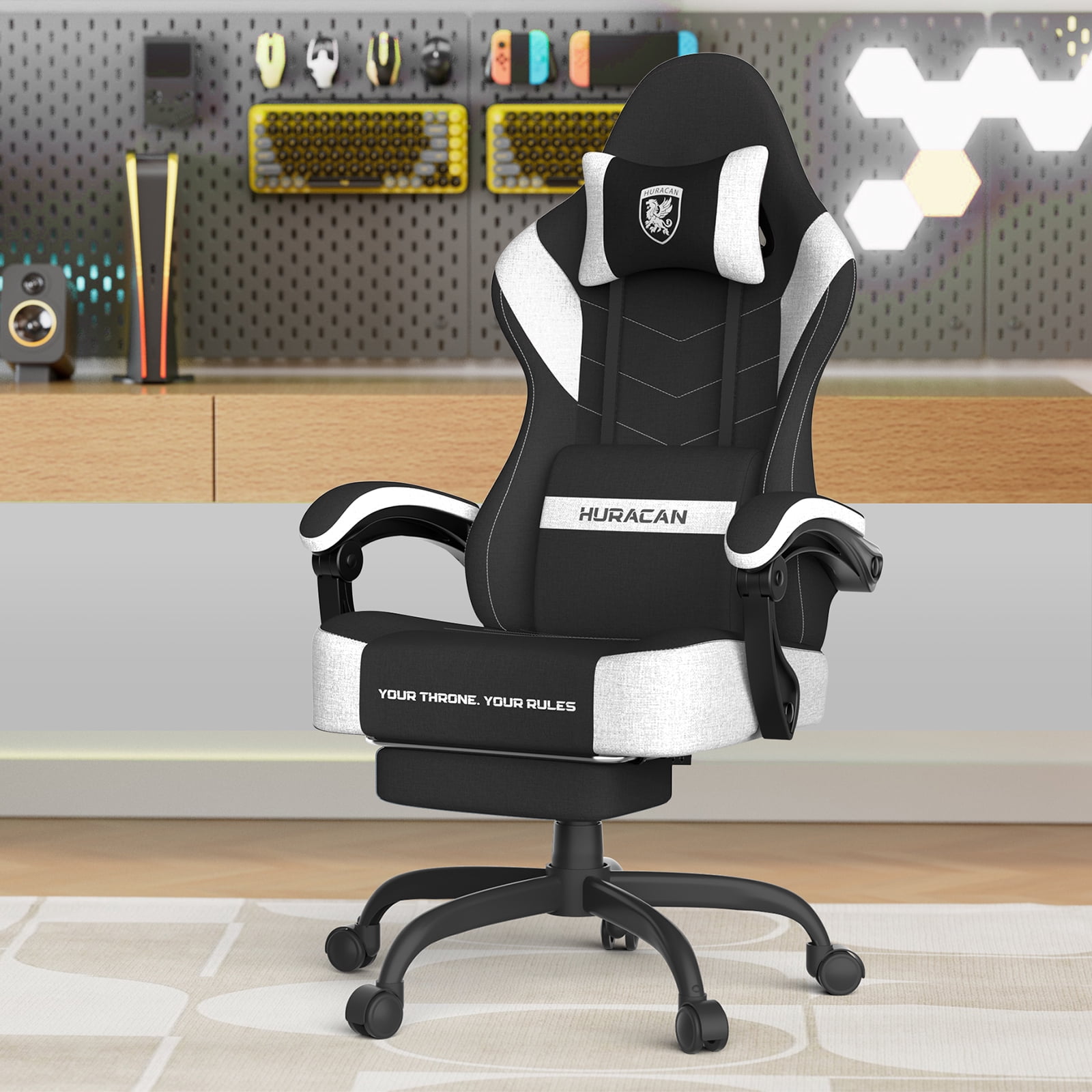 Luxvie Linen Fabric Gaming Chair with Footrest, High Back Ergonomic Computer Chair with Massage Lumbar Pillow, Gamer Chair with Adjustable Headrest, Comfortable Office Chair for Home & Gaming, Black