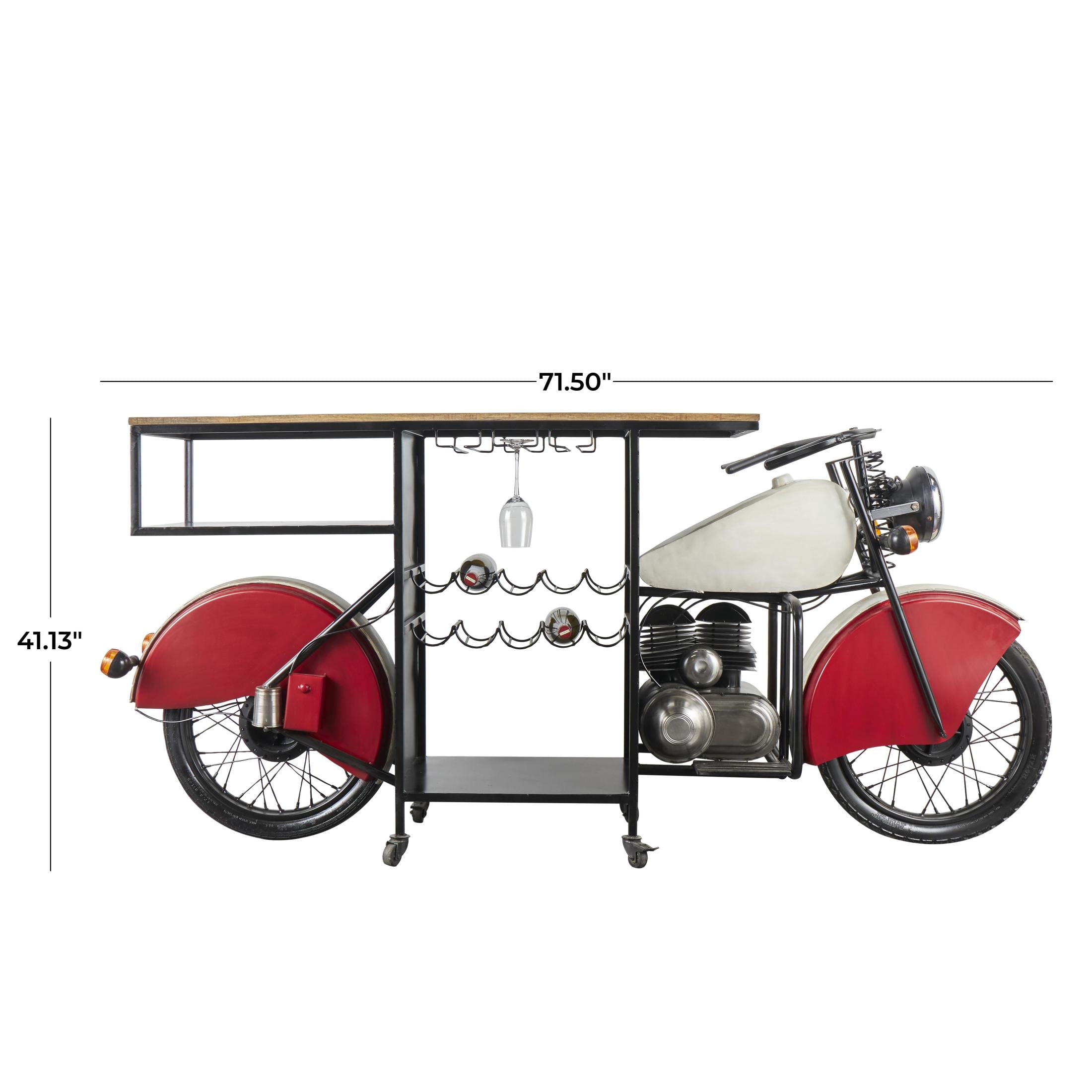 DecMode 72" x 41" Red Metal Motorcycle Vintage Style 10 Bottle Motorcycle Bar with Wood Bar Top and Red Accents, 1-Piece