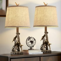 Set of 2 Rustic Farmhouse Table Lamps, 23" Deer Antler Nightstand Lamp, Western Cabin Side Lamp for Living Room, Study Desk, Brown