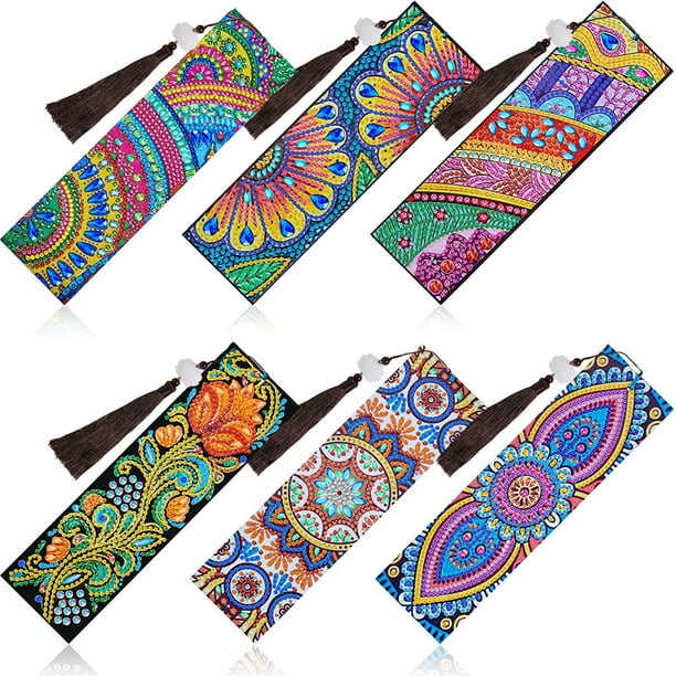 Kit de Marcapáginas de Pintura de Diamante de 6 Piezas con Borla de Cuero (21cm*15cm*2.5cm), Marcapáginas de Pintura de Diamante de Pavo Real 5D DIY, Kit de Pintura por Número para Cumpleaños y