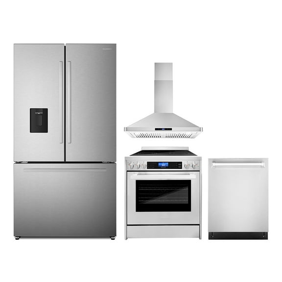 4 Piece Kitchen Package with 30" Freestanding Electric Range 30" Wall Mount Hood 24" Built-in Fully Integrated Dishwasher & French Door Refrigerator