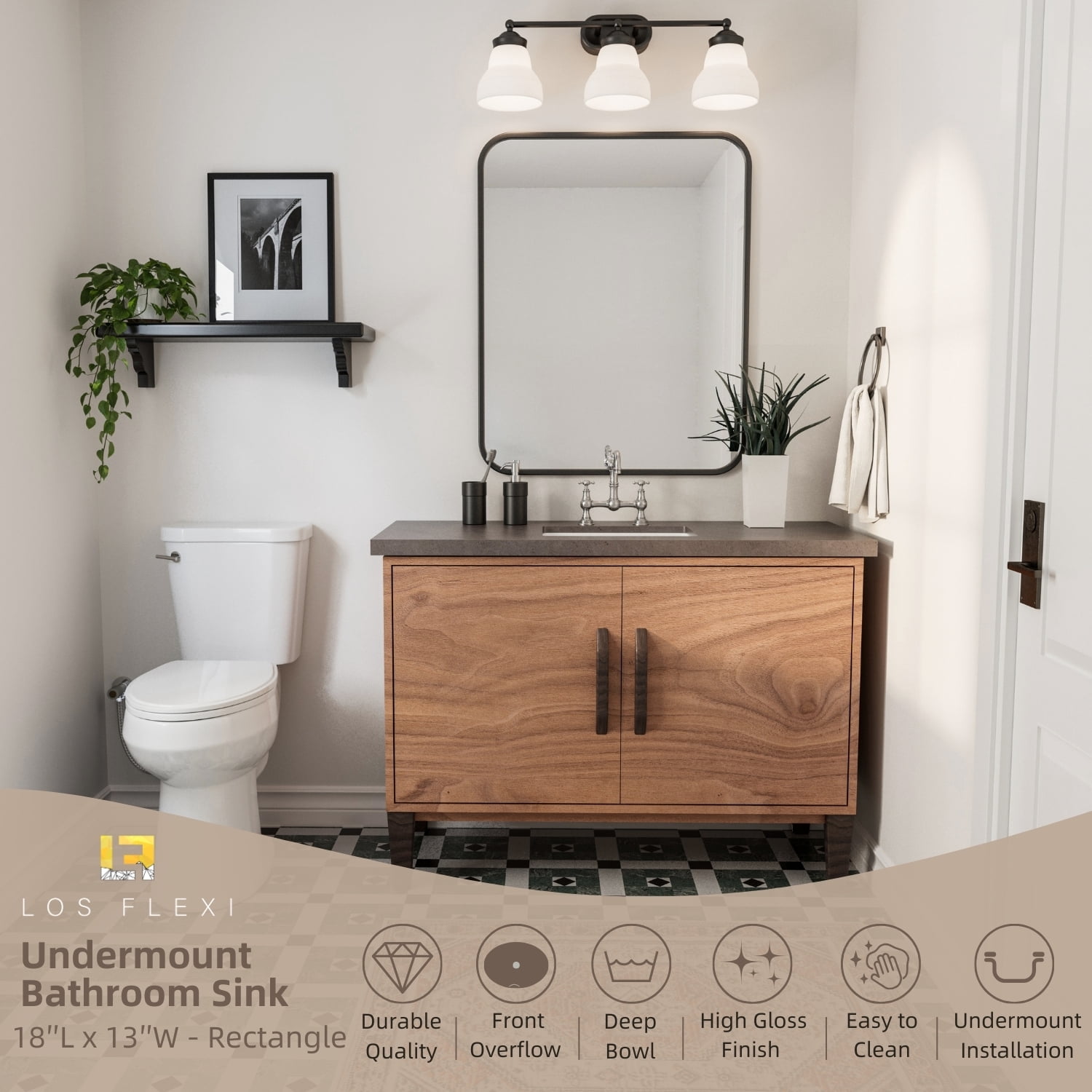 Los Flexi 18″ x 13″ Undermount Bathroom Sink Rectangle, White Ceramic Undermount Lavatory Sink with Overflow