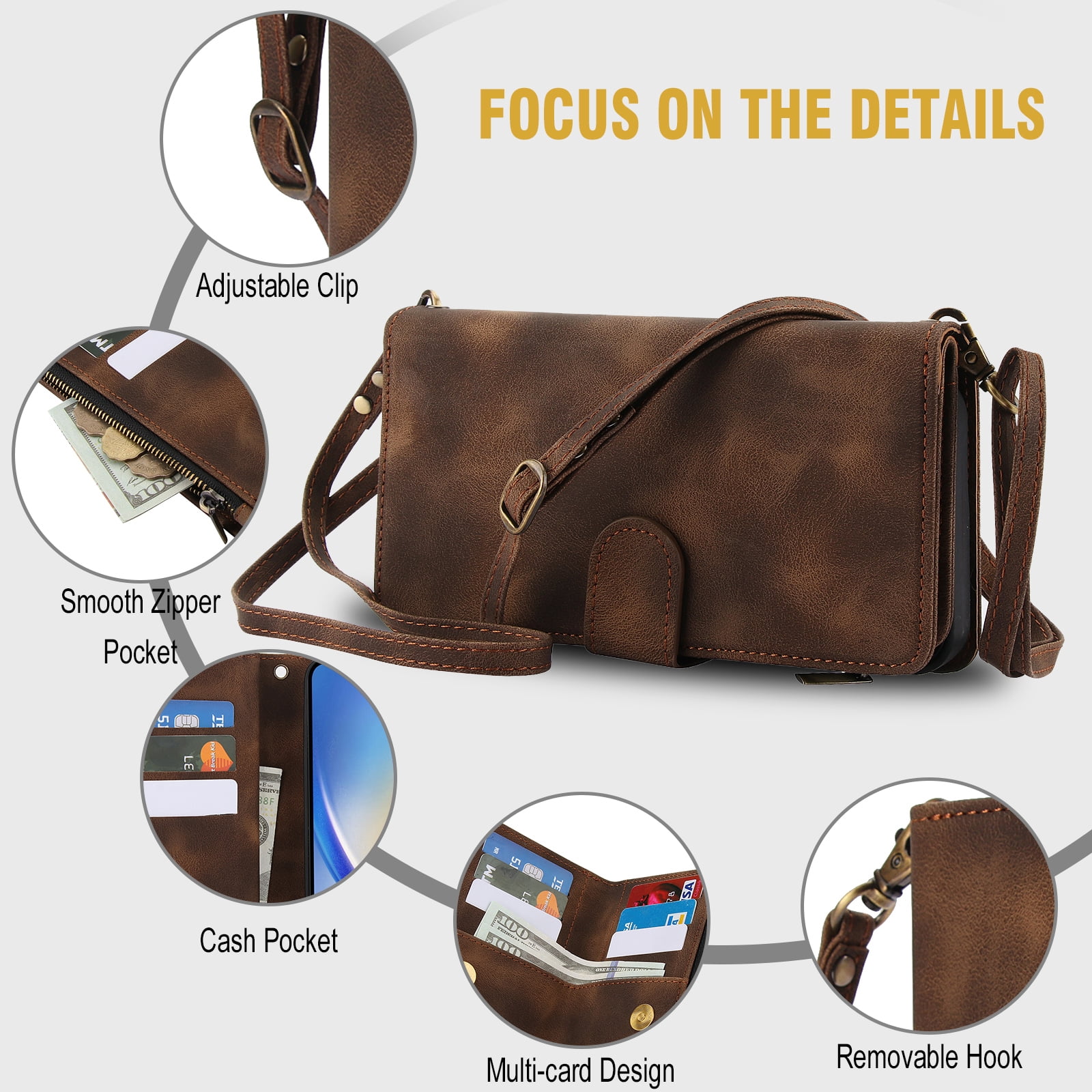 for Samsung Galaxy S24 FE Wallet Case with Card Holder for Women Men, Phone Case RFID Blocking PU Leather Flip Shockproof Cover with Shoulder + Wrist Strap Zipper Credit Card Slots Stand, Brown
