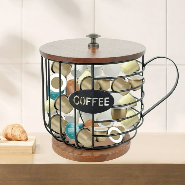Coffee Pod Holder with Wooden Base Large Capacity Coffee Filters Storage with Handle Metal Coffee Capsule Cages Coffee Pod Container for Countertop Coffee Bar Office