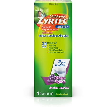 Zyrtec 24 Hr Children's Allergy Syrup with Cetirizine, Dye- & Sugar-Free, Grape Flavor 4 oz (Pack of 3)