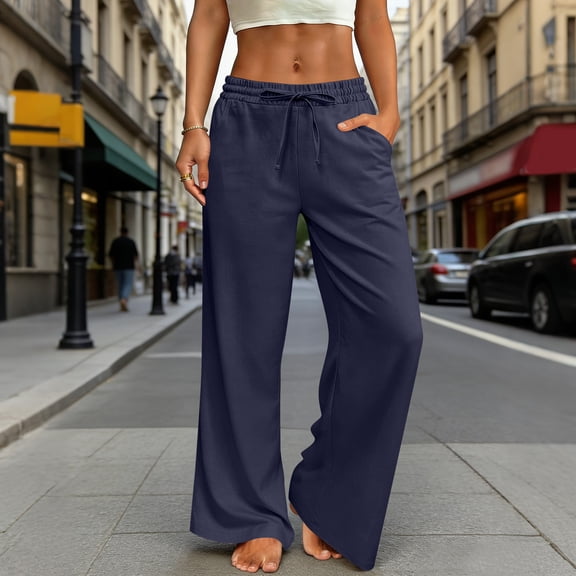 Nestiefly Womens Casual Linen Wide Leg Pants Flowy Drawstring High Waist Palazzo Beach Vacation Trousers Blue 2XL