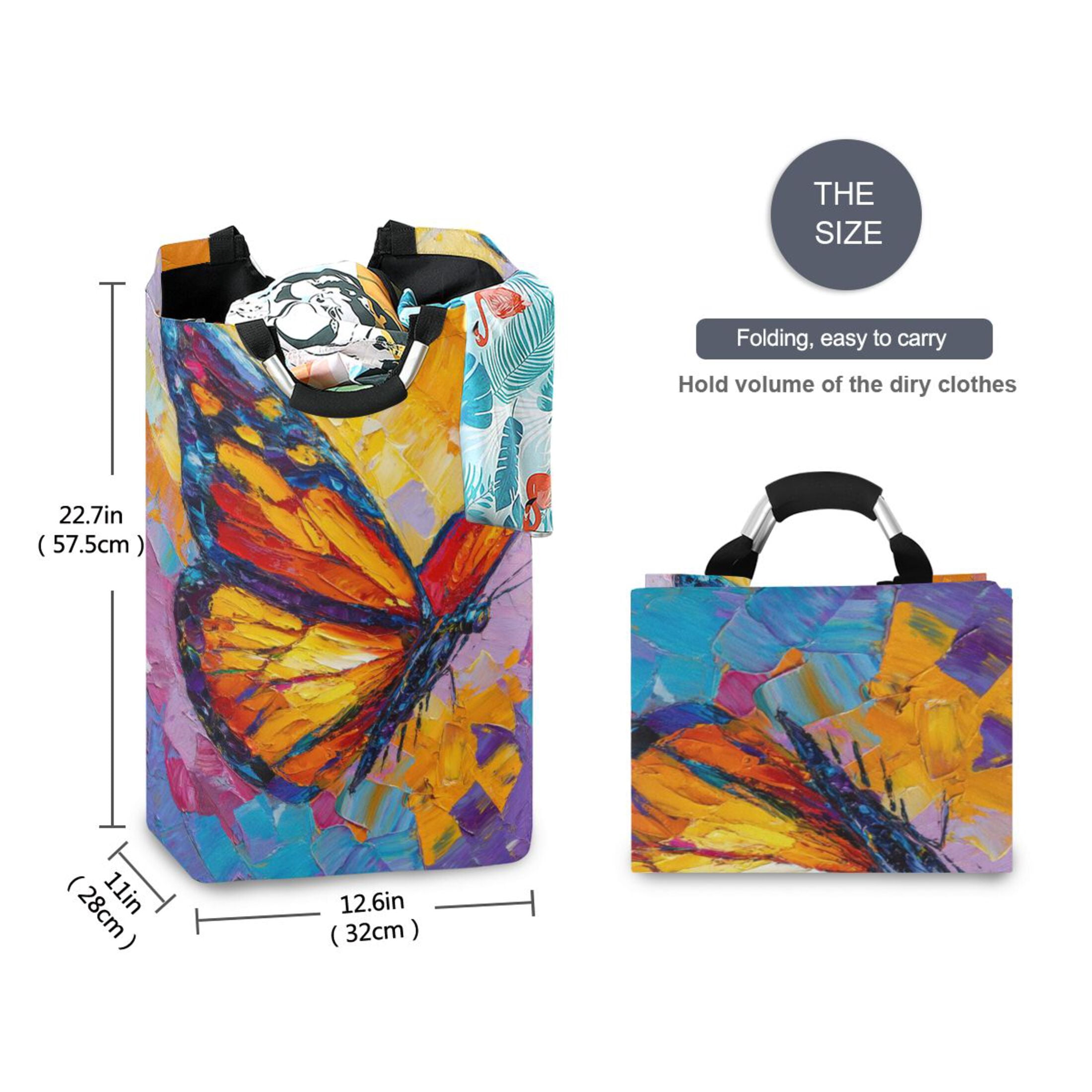 Foldable Laundry Hamper Bag with Handles Dirty Clothes Basket 12.6" x 11" x 22.7" Colorful Butterfly Flying