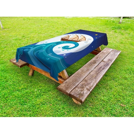 

Moon Outdoor Tablecloth Old Ship with Tempest Riding the Waves Full Moon and Stars Marine Cartoon Style Decorative Washable Fabric Picnic Table Cloth 58 X 84 Inches Blue Brown White by Ambesonne