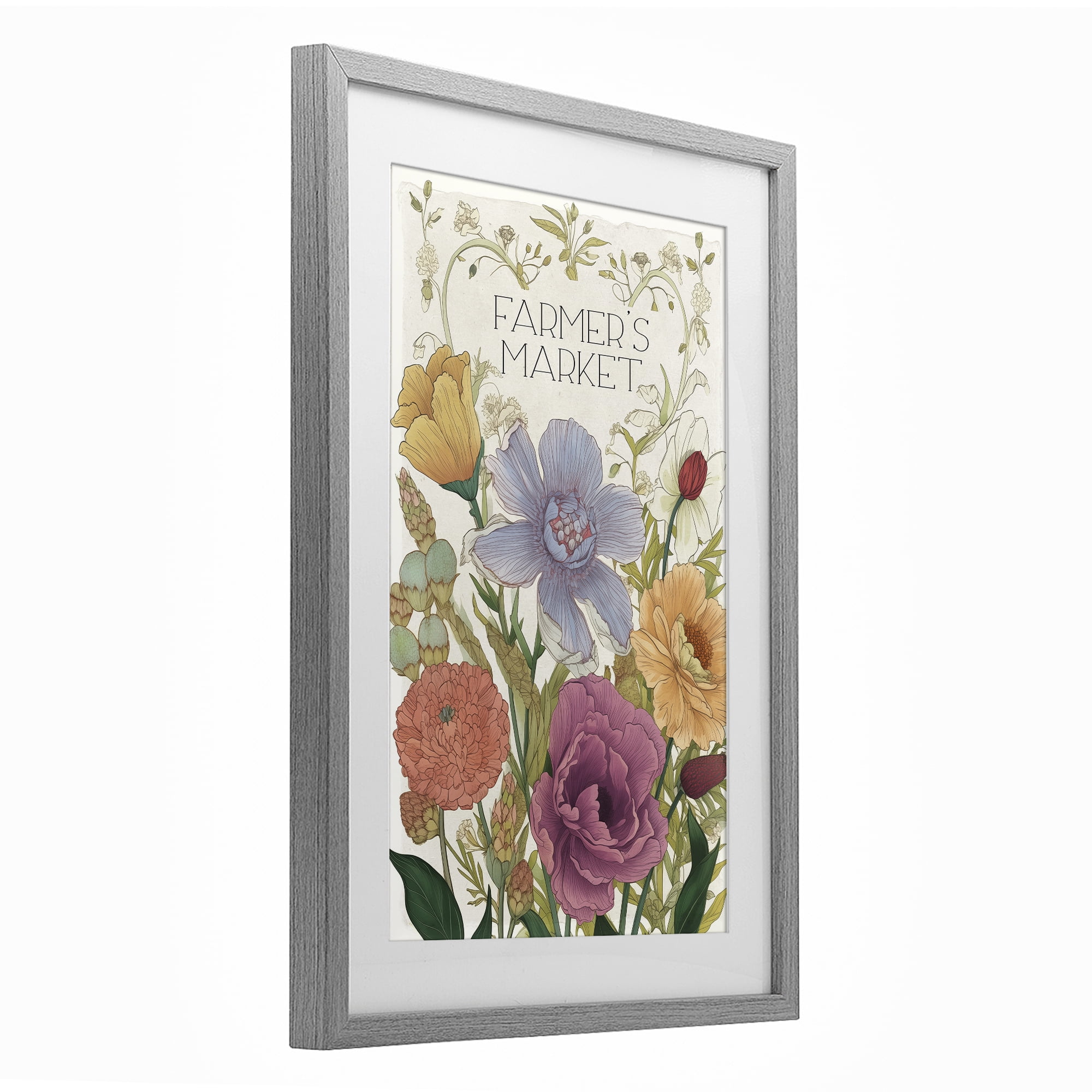 Vintage Farmer's Market Garden Gray Framed Print Under Glass, design by Sasha