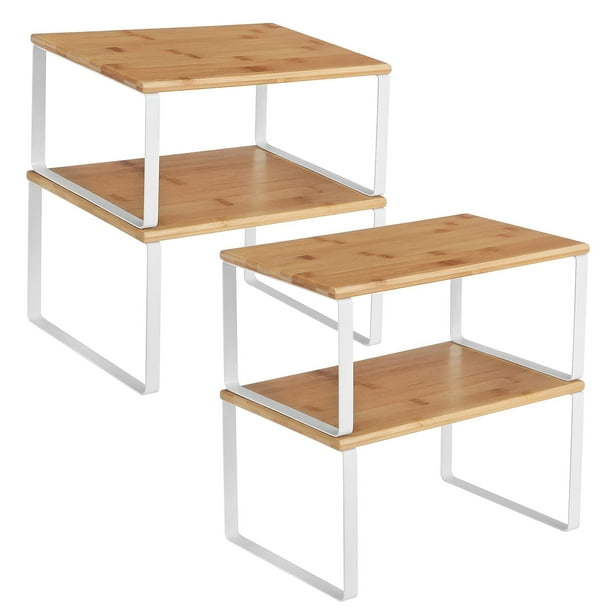 Organizadores de Cocina, Juego de 4 Estantes de Cocina, Apilables, Expandibles, Metal y Madera de Ingeniería, Blanco y Natural