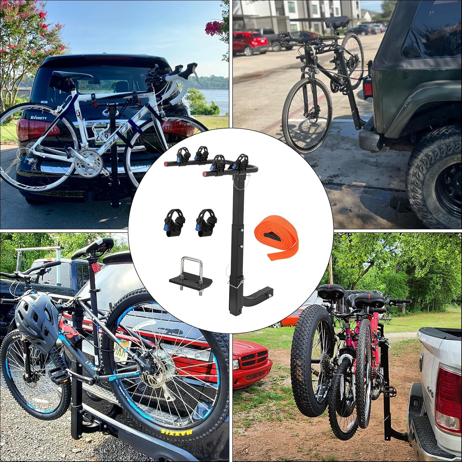 2-Bike Hitch-Mounted Bike Rack, Foldable Steel Frame Bicycle Car Rack with Anti-Rattle Hitch Tightener and Tie Straps, Bike Carrier Rack Hitch for SUVs, Trucks and More