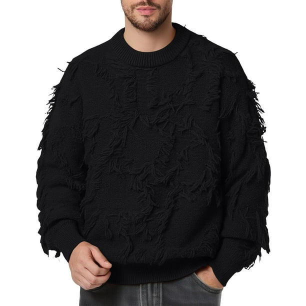 Kalauyu Distressed Crewneck Sweater Vintage Cable Knit Long Sleeve Men's Crewneck Pullover