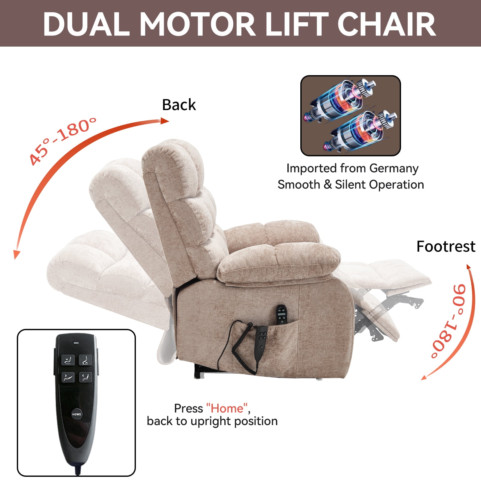 Power Lift Recliner Chair, Heat Massage Dual Motor Infinite Position 350 LBS Heavy Duty, Electric Remote Recliner for Elderly, Medium-Firm Chenille, Beige