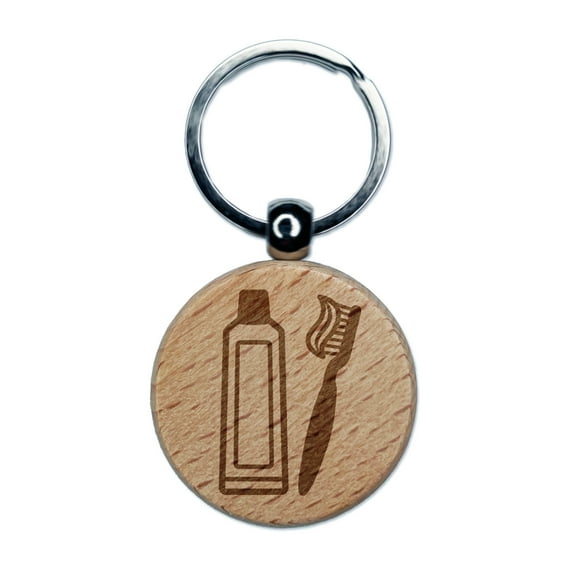 Toothbrush and Toothpaste Dentist Round Keychain Charm Tag - Engraved Wood