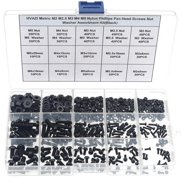HVAZI Metric M2 M2.5 M3 M4 M5 Nylon Phillips Pan Head Screws Nut Washer Assortment Kit (Black)