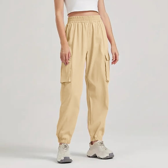 LOVZFMLL Women's Pants, Casual Elastic Solid Color Cargo Trousers Pocket Sports Pants Beige, L