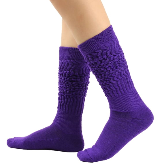 WREESH Women Fashion Long Socks Running Socks Solid Color Warm Stockings From The 1980S To 1990S, Super Long Tight Knit Pile Socks Purple