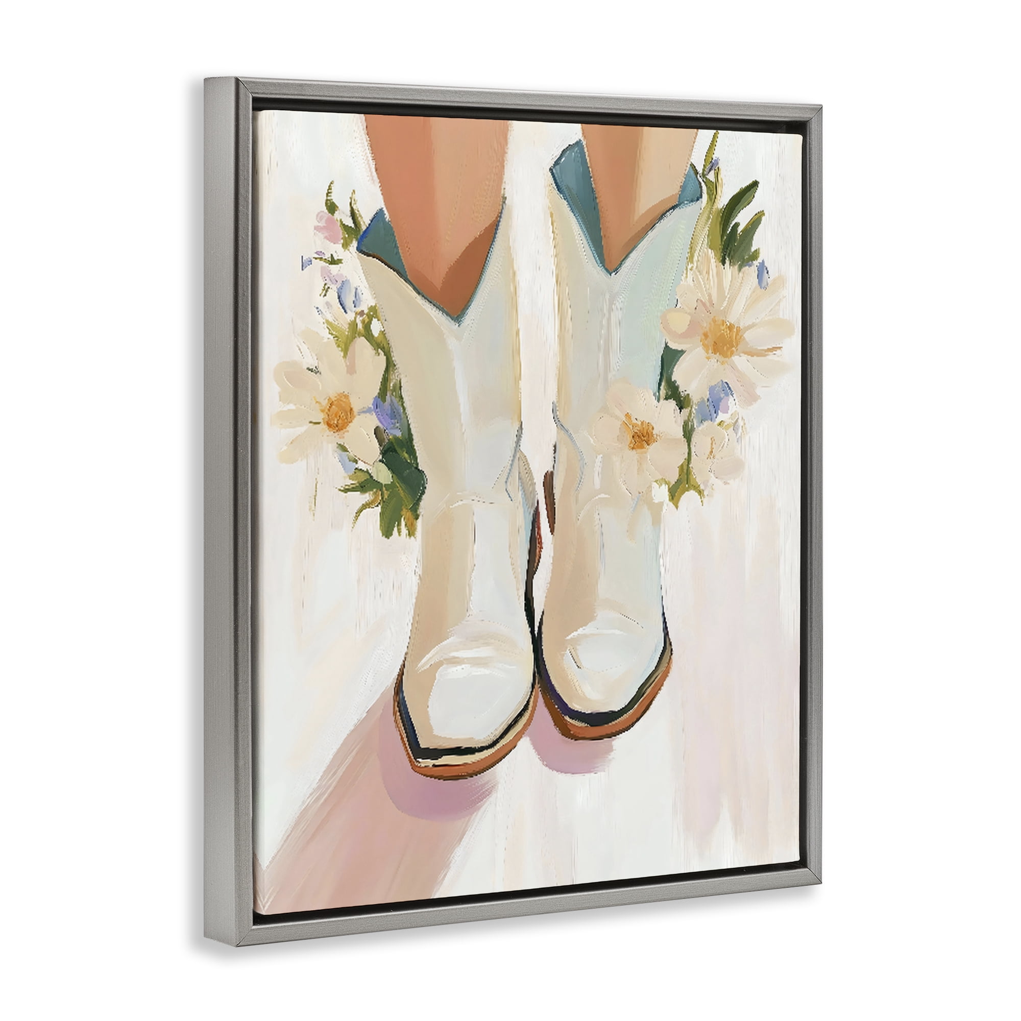 Stupell Industries Blooming Cowgirl Boots Gray Framed Floater Canvas Wall Art, design by The Prints Vibe