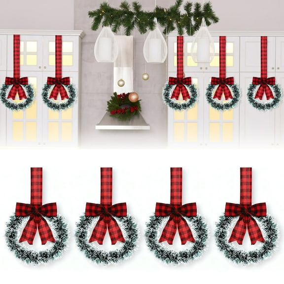 Dserhfy Mini Christmas Cabinet Wreaths 5.1 Inch Small Kitchen Xmas Decor with Red Ribbon Bow Plastic Rattan Fabric Window Door Office Holiday Decoration