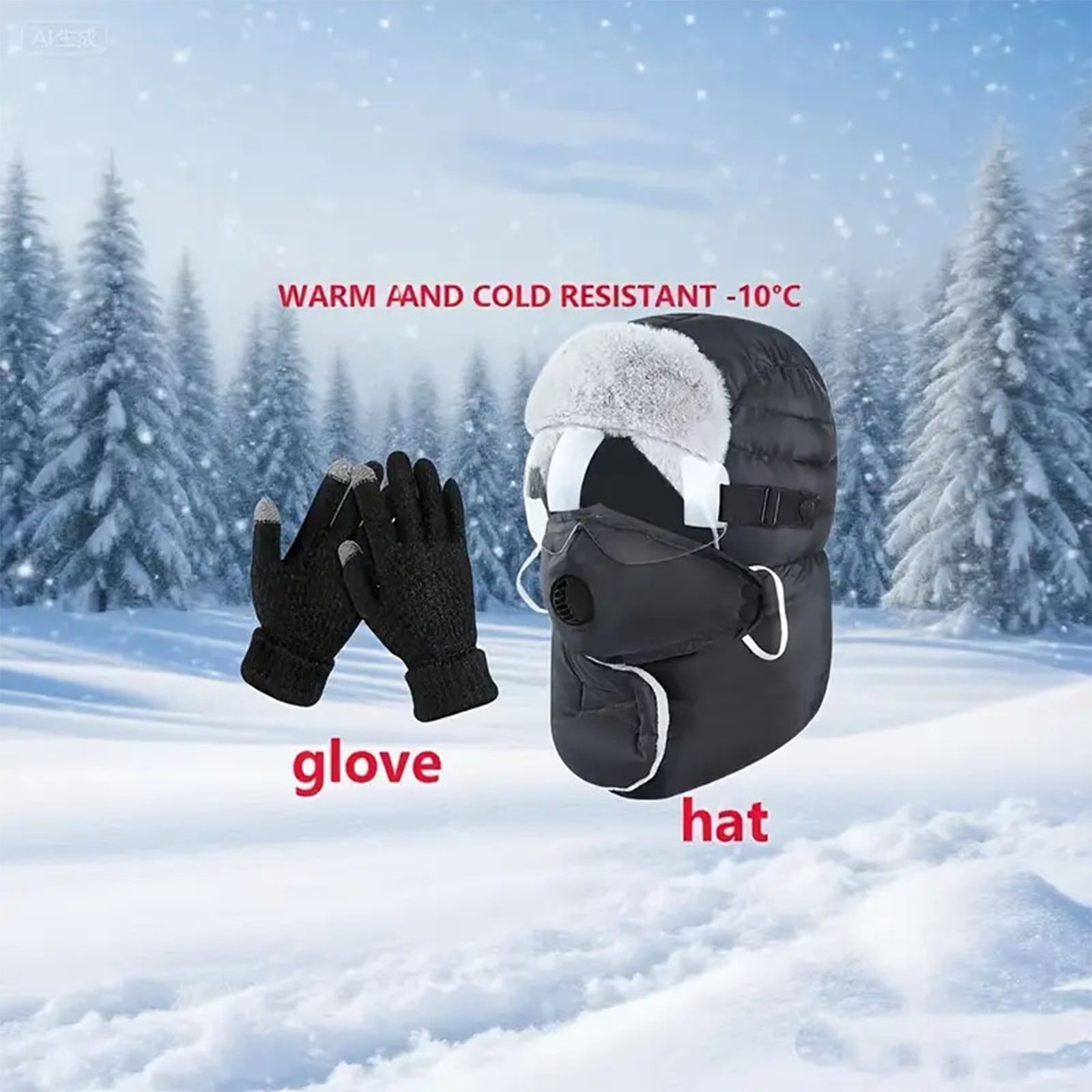 Extreme Cold Weather Hat with Detachable Face Mask & Gloves Set - Windproof Thermal Polyester for -40°C, Skiing, Snowboarding & Motorcycle Riding