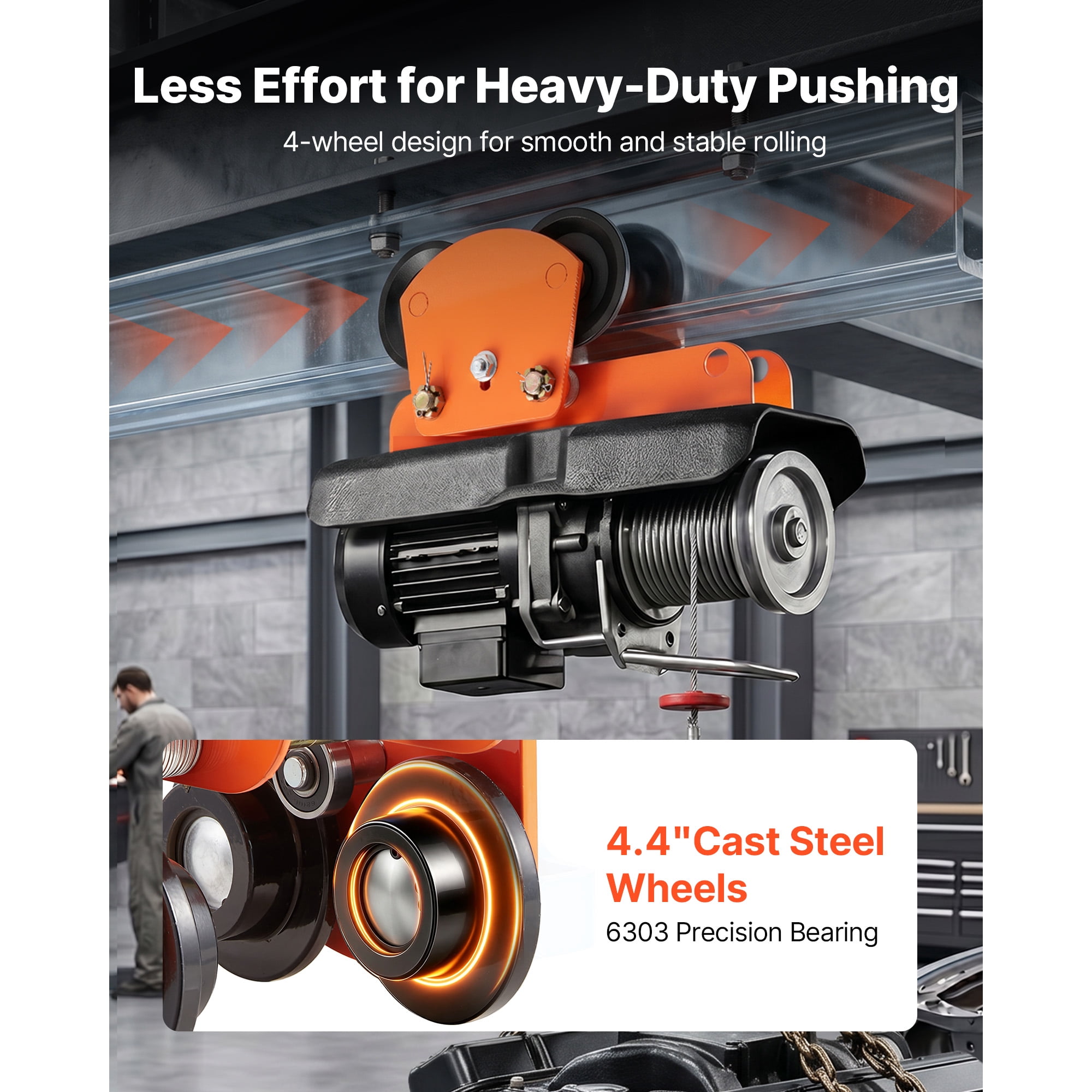 KFFKFF Electric Hoist Manual Trolley, 2200 lbs/1 Ton Capacity for PA600-PA1000, Adjustable Push Beam Trolley with Dual Wheels, 2.68"-4.33" Beam Flange Width for Straight and Curved I-Beams