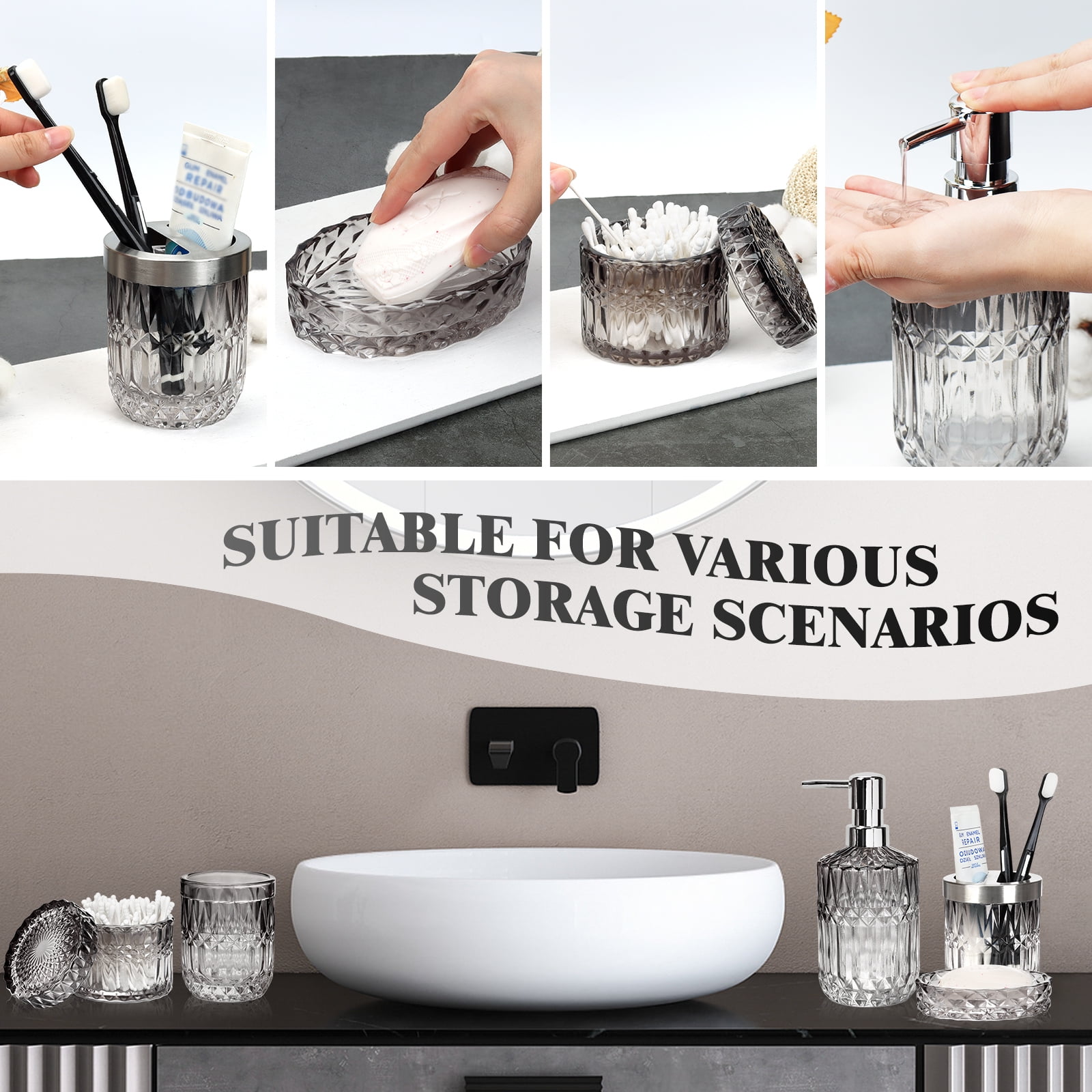 Vertical Line Glass Soap Dispenser Set, Rust-Proof Pump, Thickened Modern Bathroom Accessories for Countertop Organization & Stylish Home Decor(Grey)