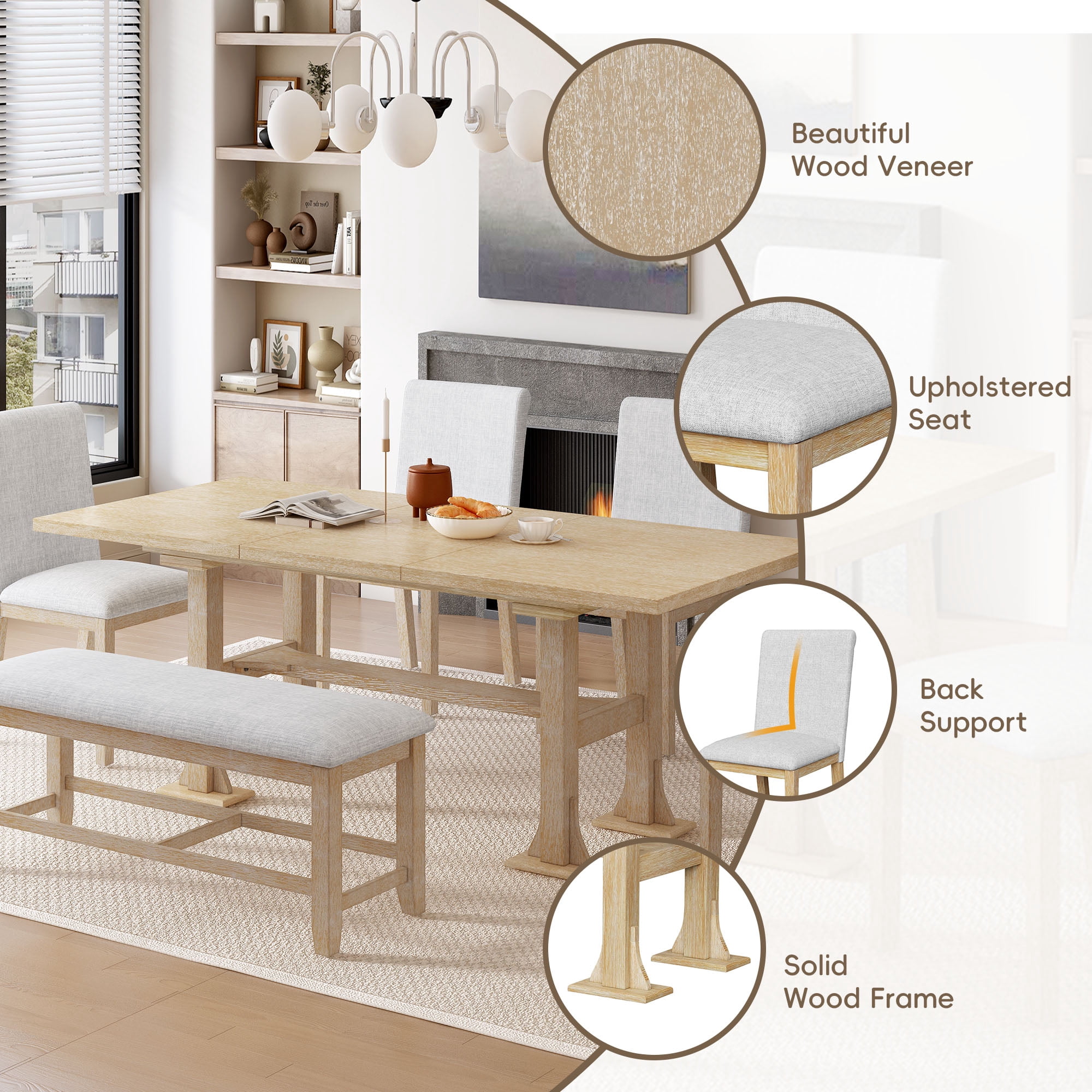 6-Piece Dining Table Set for 6, 58"-76" Extendable Dining Table with Removable Leaf, 4 Chair and Bench