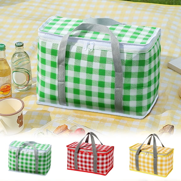 Kdkad Foldable Insulated Picnic Basket Cooler Bag - Large Capacity Thickened Aluminum Foil Thermal Tote Red/Green/Yellow, Portable Collapsible Cooler for Camping, Beach, Travel & Outdoor Picnics
