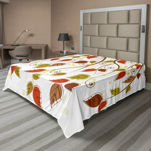 Ambesonne Autumn Flat Sheet, Branches Leaves Fall, California King, Burnt Sienna Brown Green