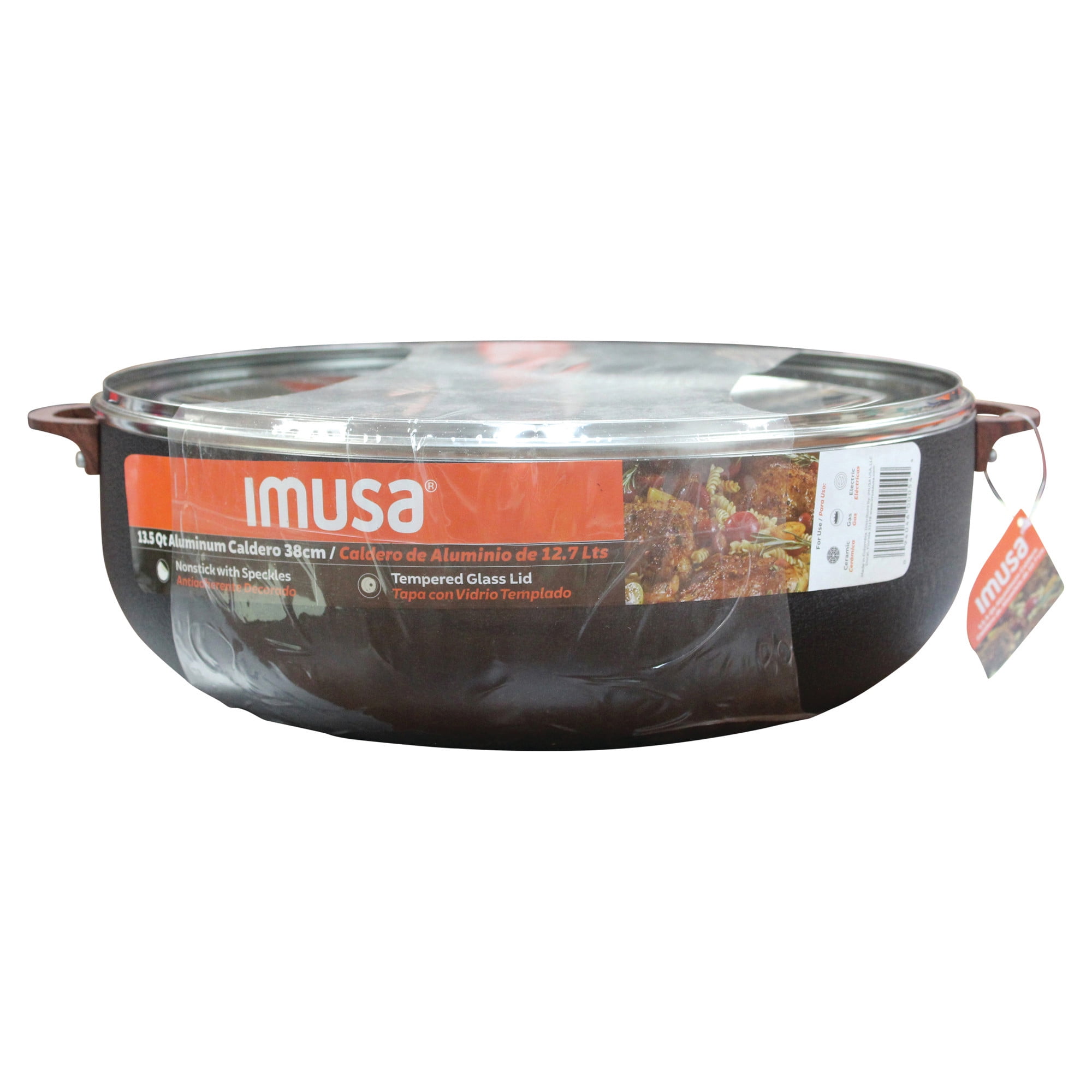 IMUSA 13.5qt Black Stone Aluminum Speckled Nonstick Caldero with Glass Lid & Wood Look Handles, Black