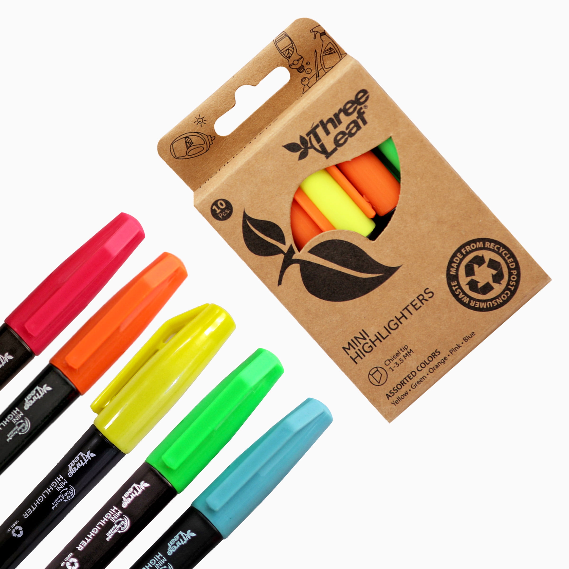 Three Leaf Mini Highlighter 10 Ct., Pack Of 72, Assorted Color, Chisel Tip. Ideal Highlighter for Organizing and Coloring, Dry-Quickly Non-Toxic Highlighter, Suitable for Offices, Schools, Home.
