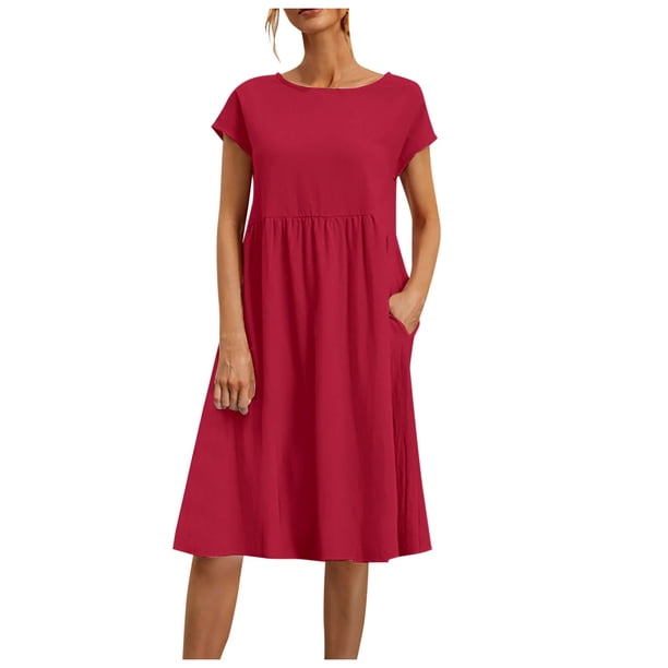 2025 Vestido largo de algodón y lino para mujer, con cuello redondo, tallas grandes, corte holgado, color liso, estilo veraniego/OL