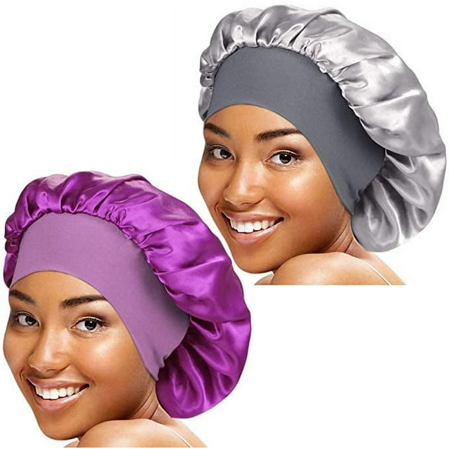 Gorro de dormir KPLFUBK con banda elástica ancha de satén, suave y cómodo para cabello negro de mujer (paquete de 2)
