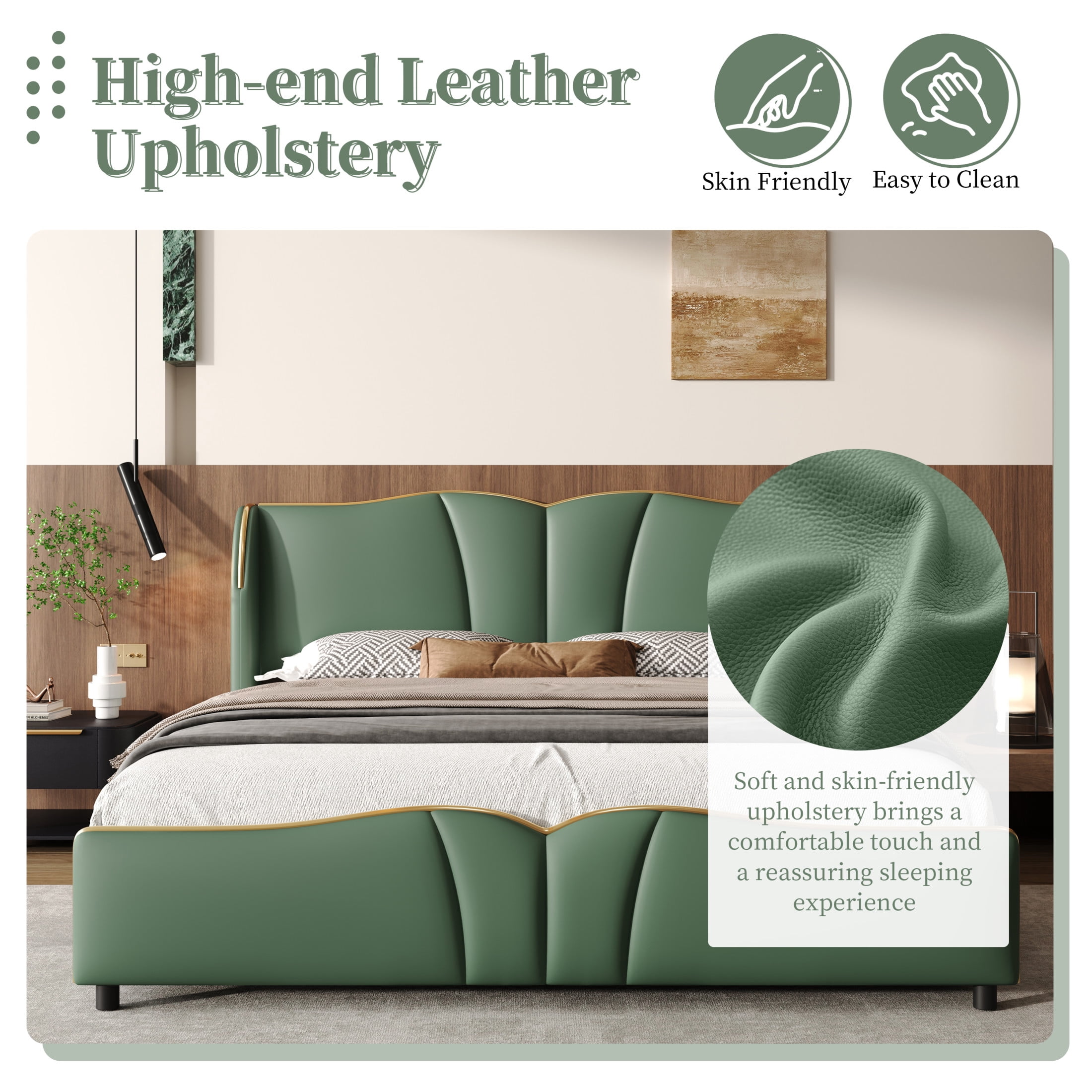 Christopher Knight Home Luxury PU Upholstered Queen Bed Frame with Wingback Headboard, Dark Green