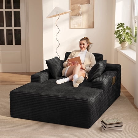 Noelse 67" Oversized Chaise Lounge, Corduroy Floor Sofa with Pillows, Deep Seat Comfort for Living Room, Black