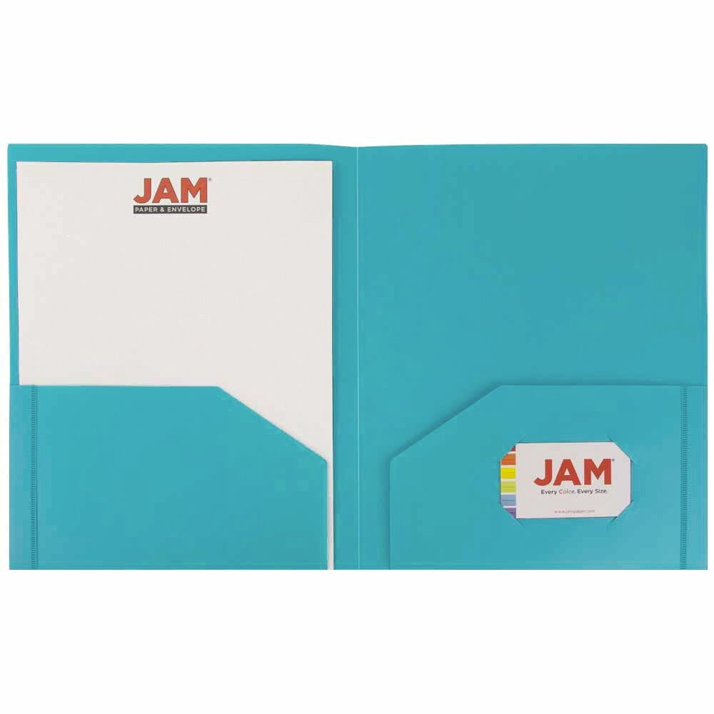 JAM Paper Heavy Duty Plastic 2 Pocket Extra Tough School Folders, Teal Blue, Bulk 48/Pack
