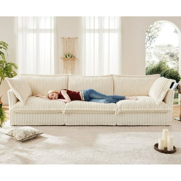 Slipcovered Sofa Couch, Modern 3 Seater Sofa with Suppleness Armrests,Deep Seat Sofa with Soft Multiple Big Pillows, Comfy Couch for Living Room, Apartment,Cream Corduroy Fabric01282