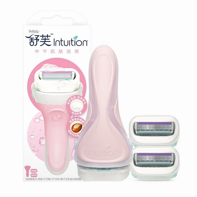 Schick Intuition Ensemble de Rasoir pour Hommes et Femmes : Rasoir Manuel avec Lames à 4 Couches, Prise Confortable, Têtes Remplaçables et Design Portable – Comprend 1 Manche + 2 Recharges pour un Rasage Doux et de Près