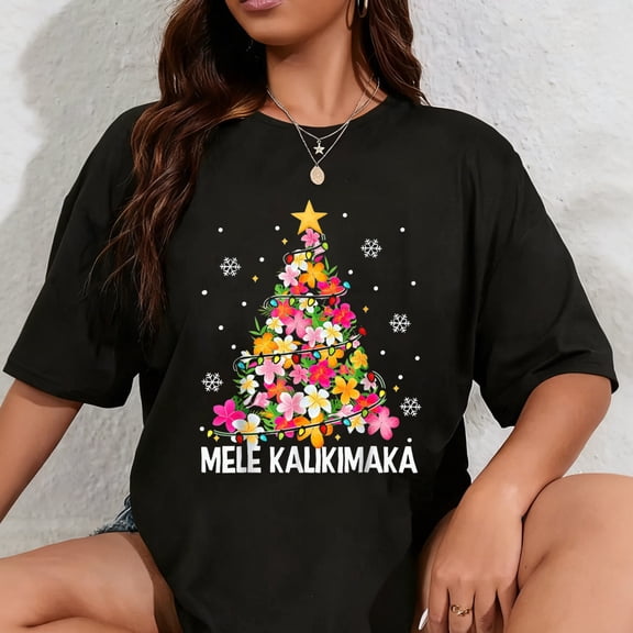 100% Cotton Hawaiian Floral Christmas Tree Mele Kalikimaka Tropical Xmas T-Shirt