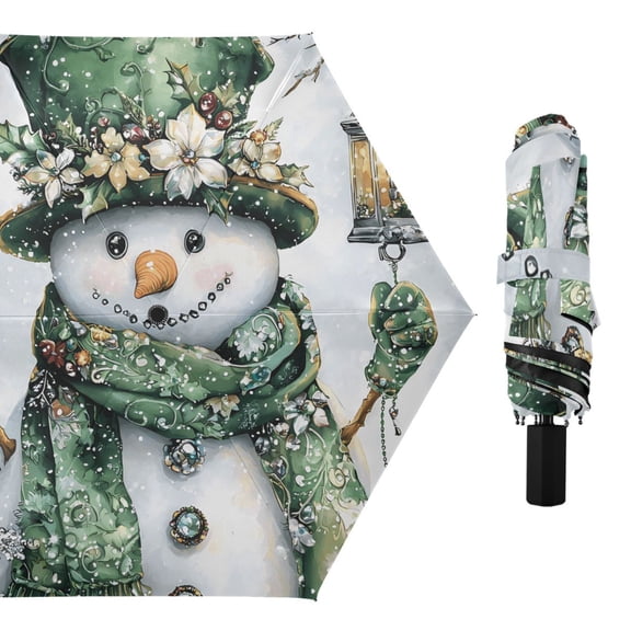 Snowman Dressed Green Compact Sun Umbrella Windproof Travel Umbrellas for Rain Strong Portable UV Protection