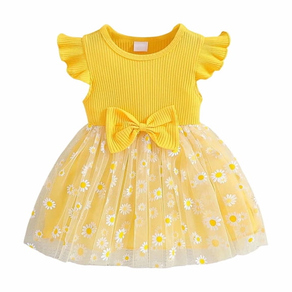 JCCXIN Child Toddler Girls Dress Tulle Floral Lace Fly Sleeve Tiered Tutu Ball Gown Princess Birthday Casual Wear Crew Neck Lovely Photo Sundress,Yellow,9-12 Months