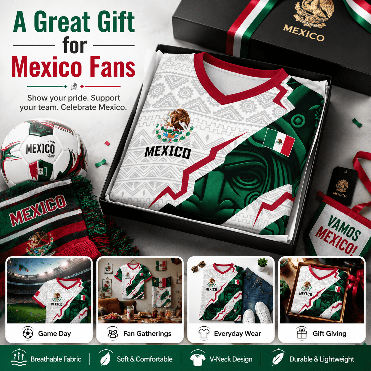 2026 Mexico Aztec Calendar Style Soccer Jersey, Men’s V-Neck Short Sleeve Fan Shirt for Game Day, Training, Travel, and Casual Wear