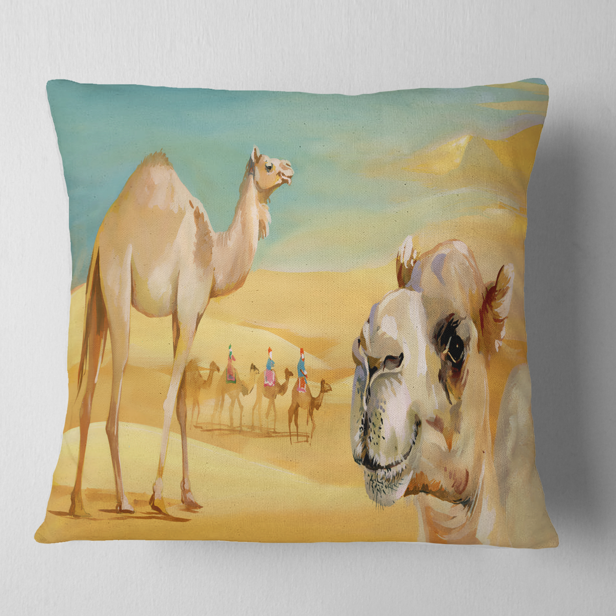 Designart Wandering Camels in Desert - Watercolor Animal Throw Pillow - 18x18