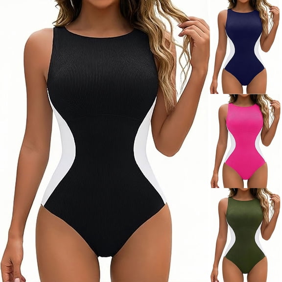 Women One Piece Tummy Control Swimsuit Ribbed Color Block Bathing Suits Backless High Neck Swim Suit Black L