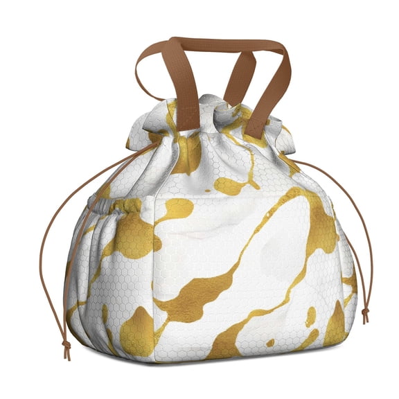 Gold and White Marble Drawstring Lunch Bag Women - Drawstring Lunch Bag Insulated for Work Office - Stain-Resistant Large Lunchbags for Women with Multi-Pockets