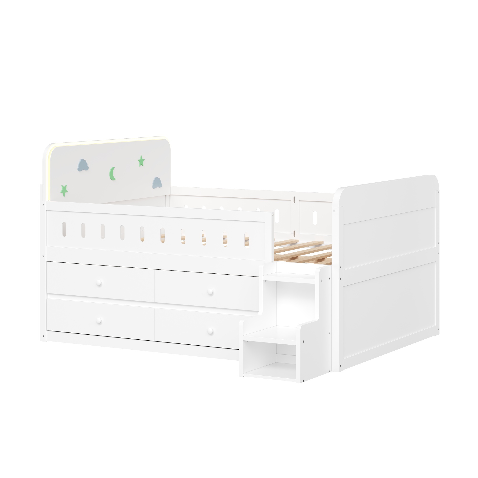 Euroco Wood Full Size Platform Bed with 4 Drawers and LED Light, Low Profile Kids Bed with Storage, White