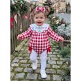 thumbnail image 3 of Cjfdfy  Newborn Baby Girl Holiday Fall Outfit Holiday Thanksgiving Turkey Merry Christmas Embroidery Long Sleeve Doll Collar Plaid Romper And Bow Headband Set, 3 of 9