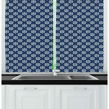 - Indigo Curtains 2 Panels Set, Ancient Greek House Tile Inspired Image Spring Daisy Like Floral Details, Window Drapes for Living Room Bedroom, 55W X 39L Inches, Navy Blue and White, by Ambesonne