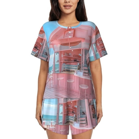 Cauagu Pastel Pink Beach Cafe for Women s Round Neck Pajama Set Short-Sleeved Pajamas Soft Sleepwear Set Summer Pajamas Set Lounge Sets 2-Piece Pj-Medium