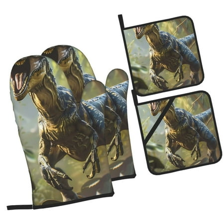 

Balery Ferocious Dinosaur Pattern Oven Mitts and Pot Holders 4 pcs Set Kitchen Oven Glove High Heat Resistant 500℉ Oven Mitts with Non-Slip Silicone Surface